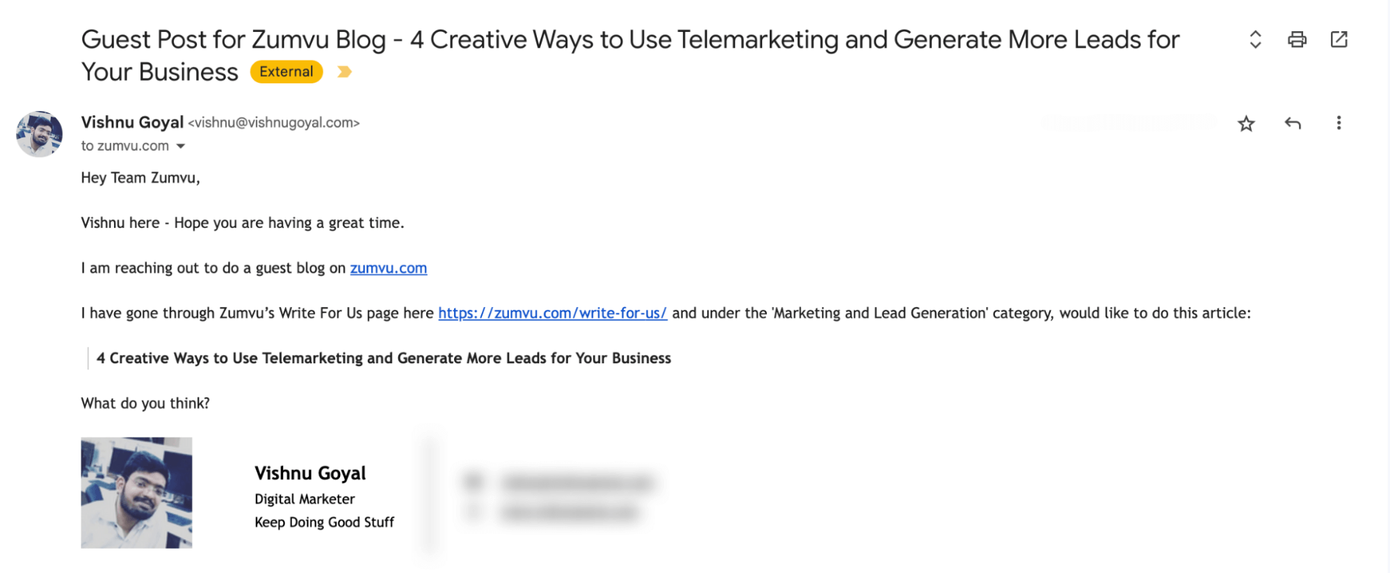 Guest post pitch we sent via email to guest blogging site editors.