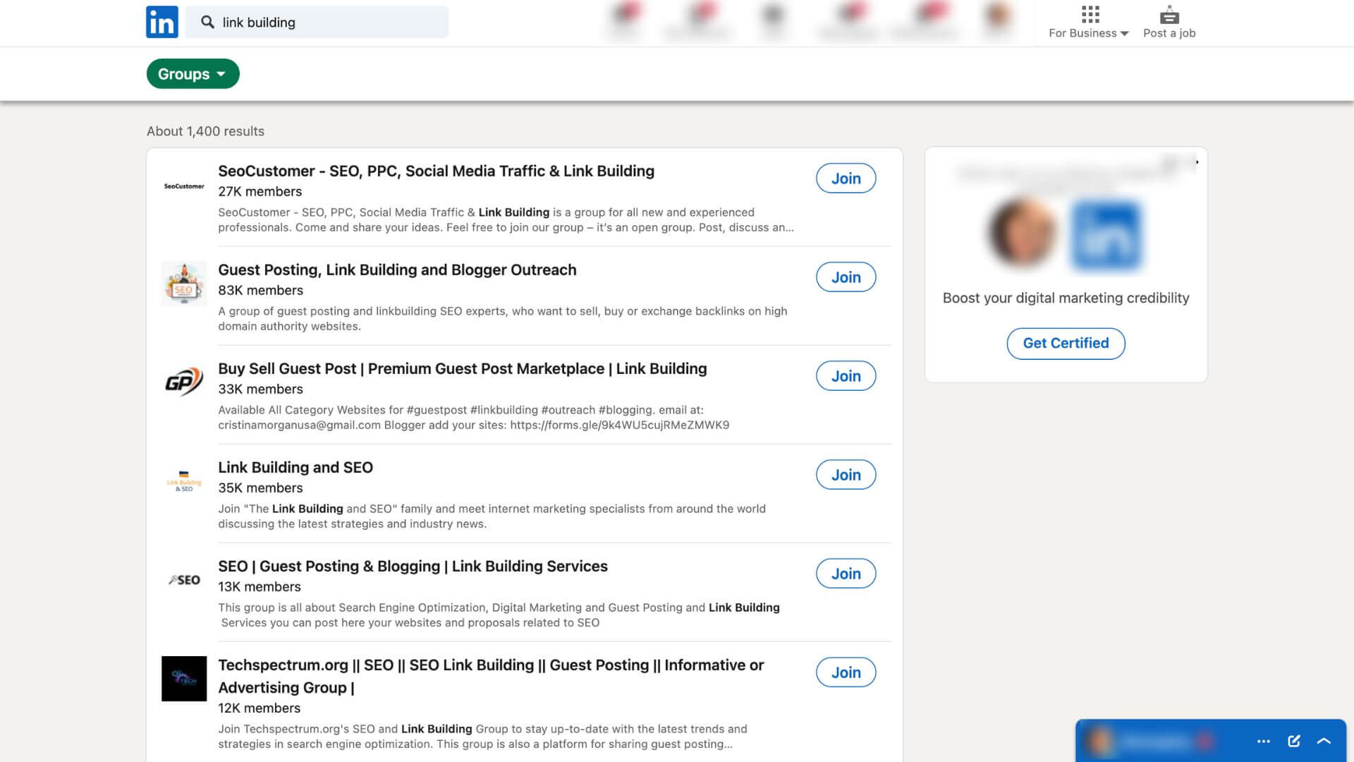 Find link building opportunities by joining groups and communities on channels like LinkedIn.