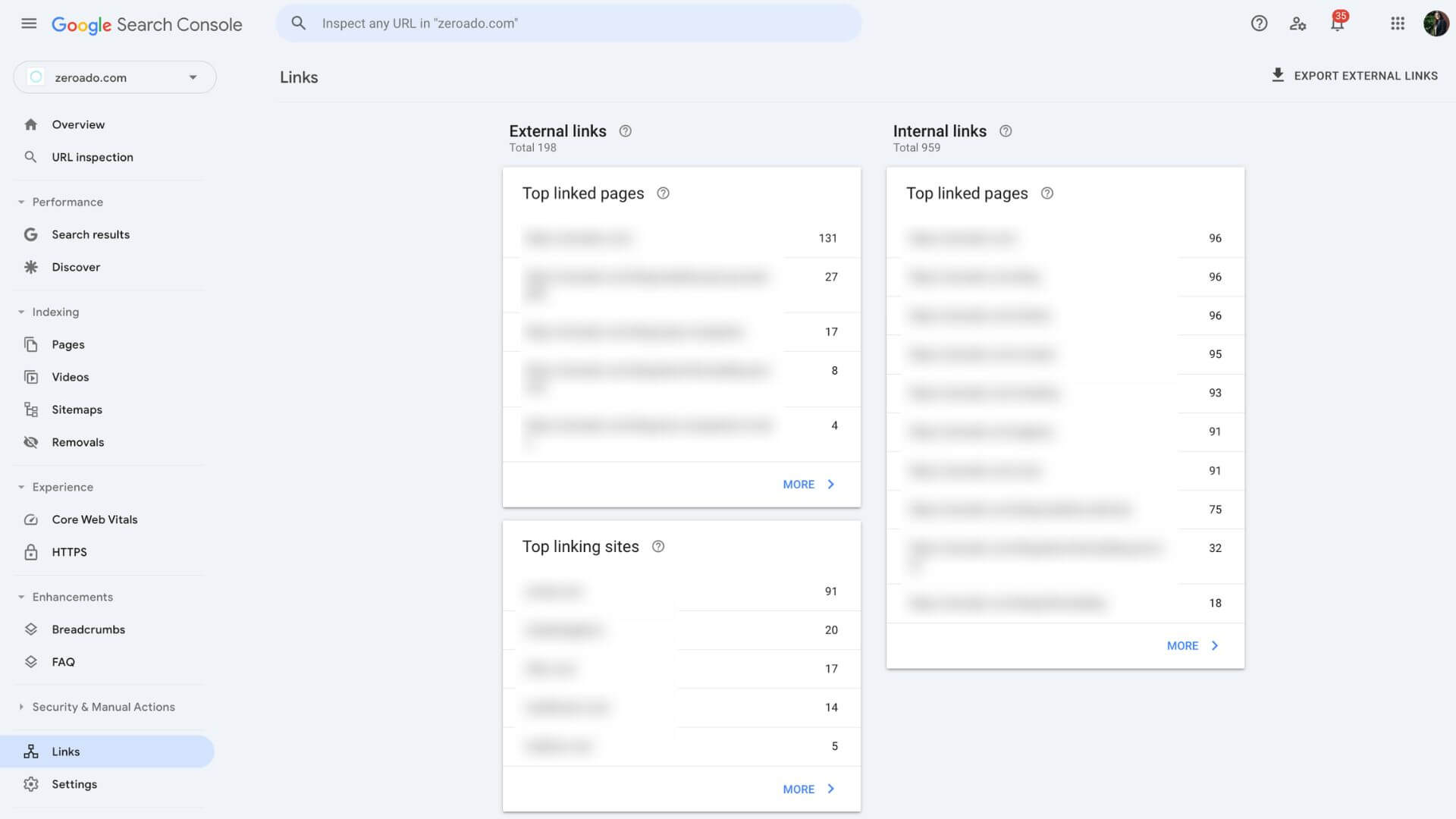 Check internal and external links during B2B SEO audit in Google Search Console.