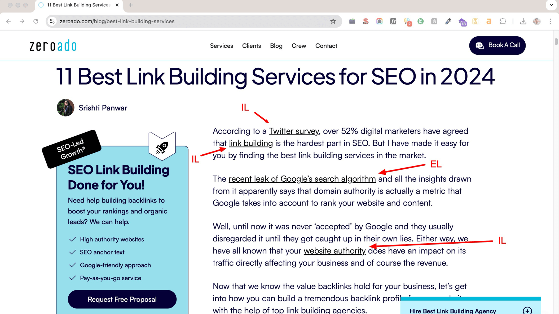 Example of internal and external links from ZeroAdo best link building services blog.