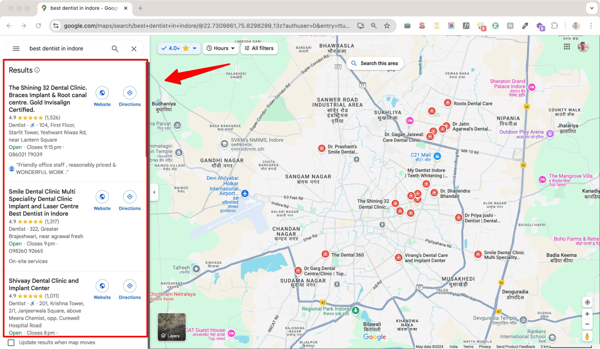 Google map results for best dentist in Indore search.