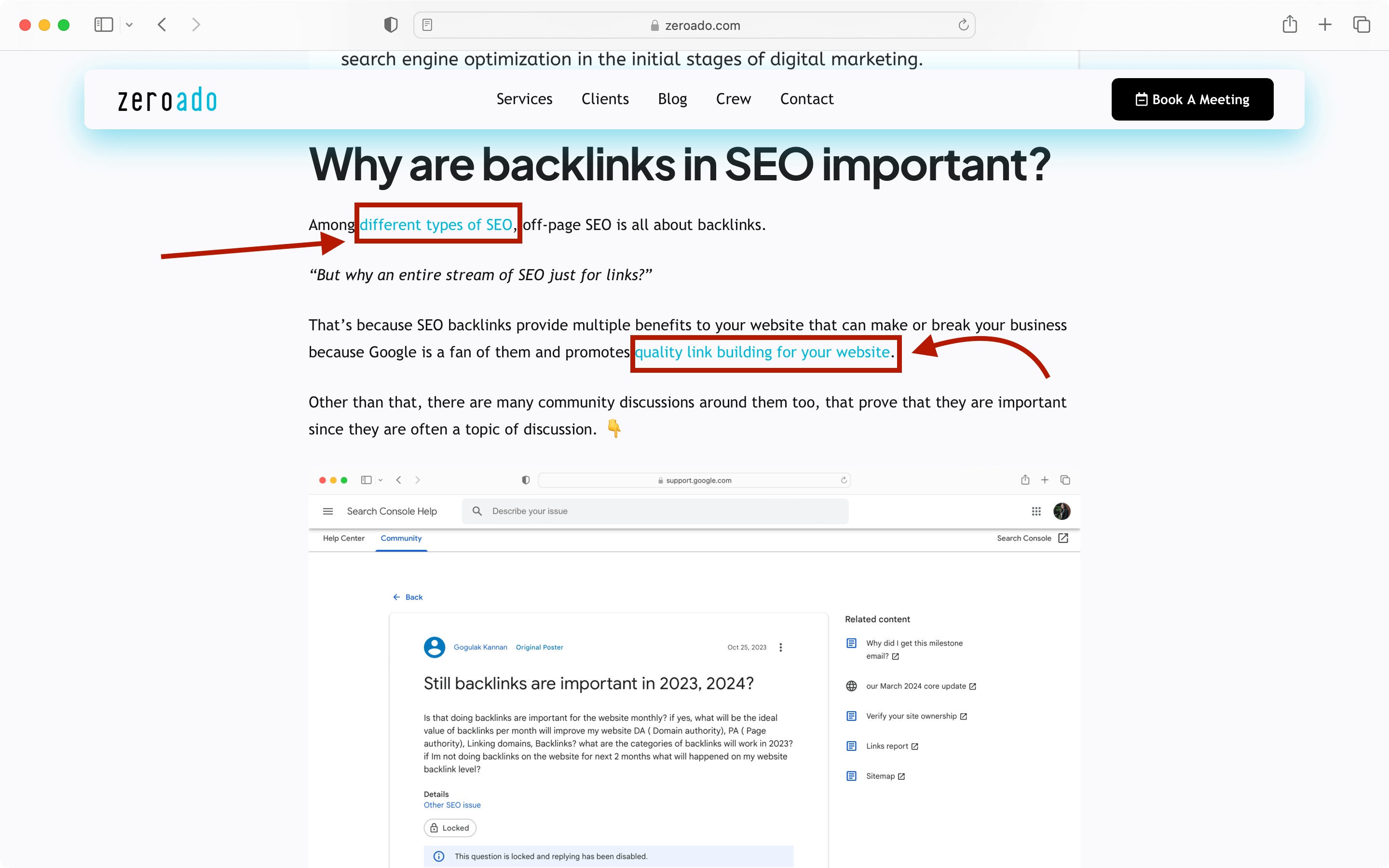 Example of internal linking by ZeroAdo to improve website authority.