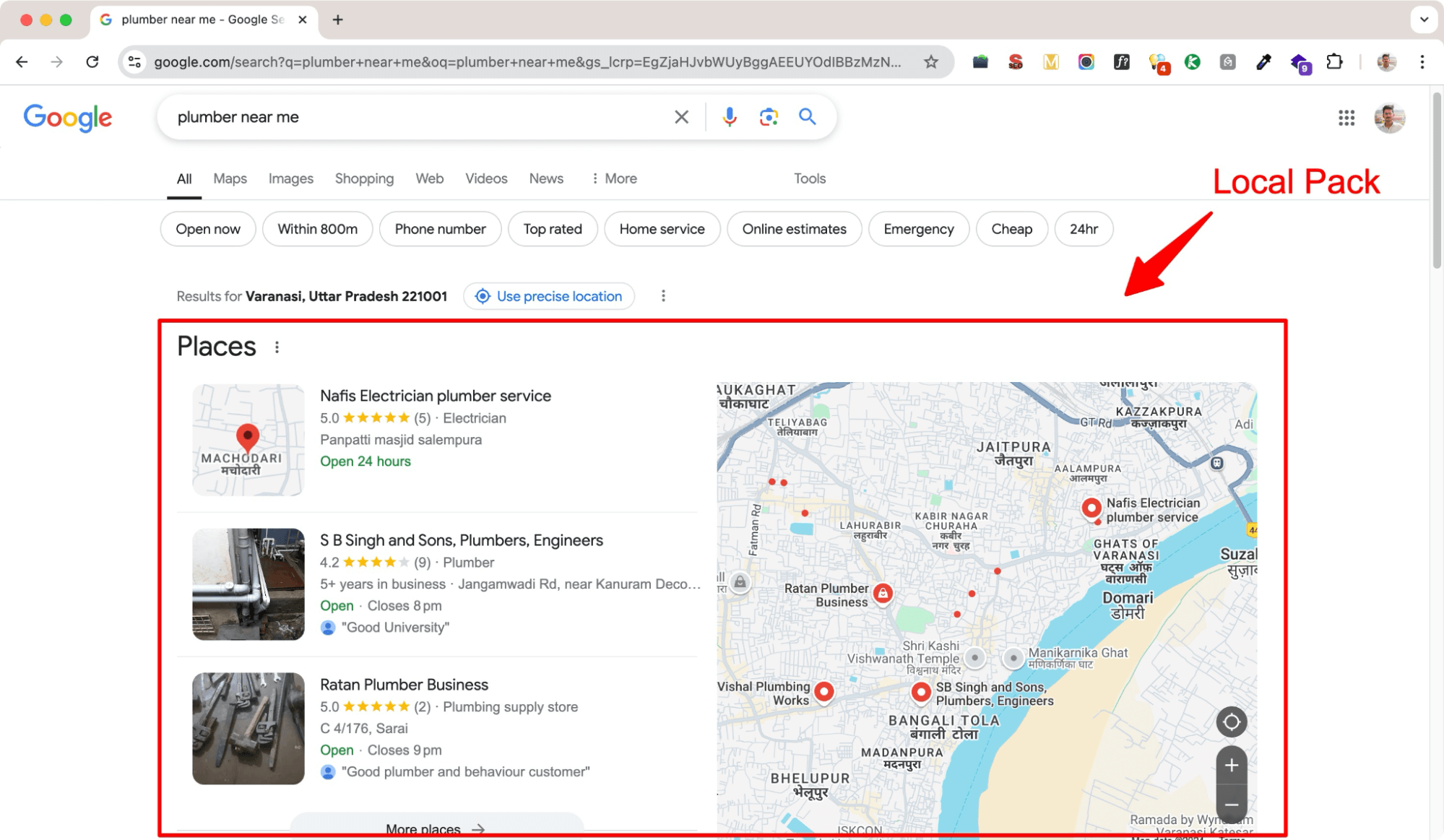 Local SEO results for plumber near me keyword search.