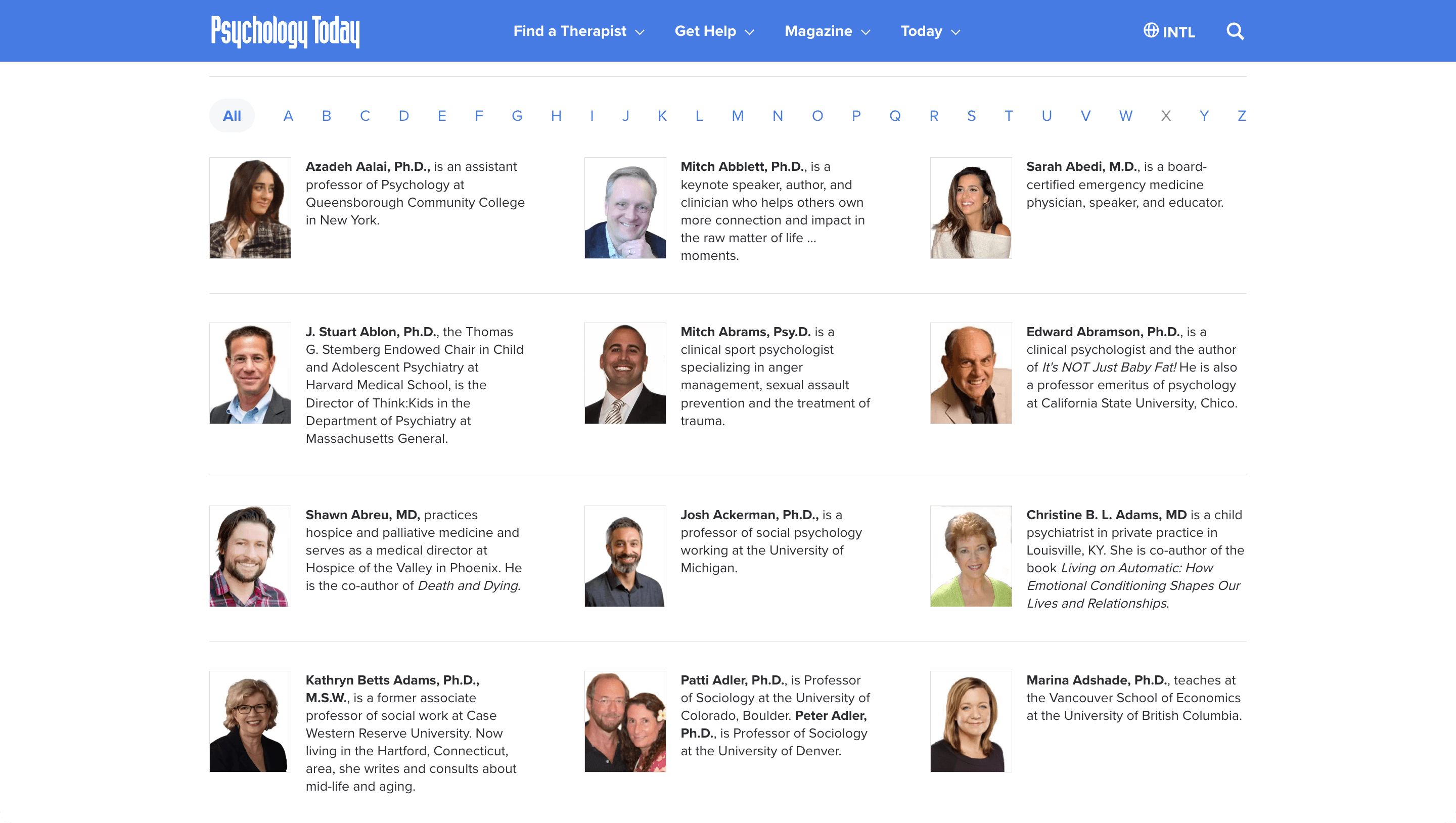 Subject matter experts as contributors on Psychology today website. 