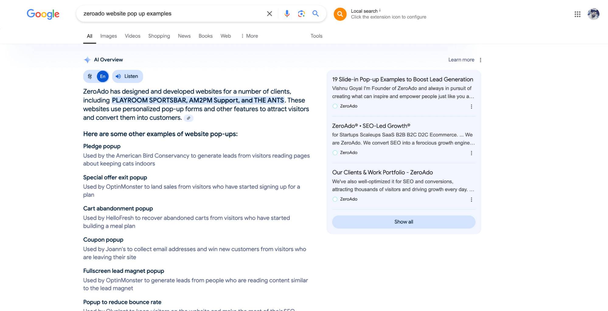 ZeroAdo website popup examples in Google AI overviews.