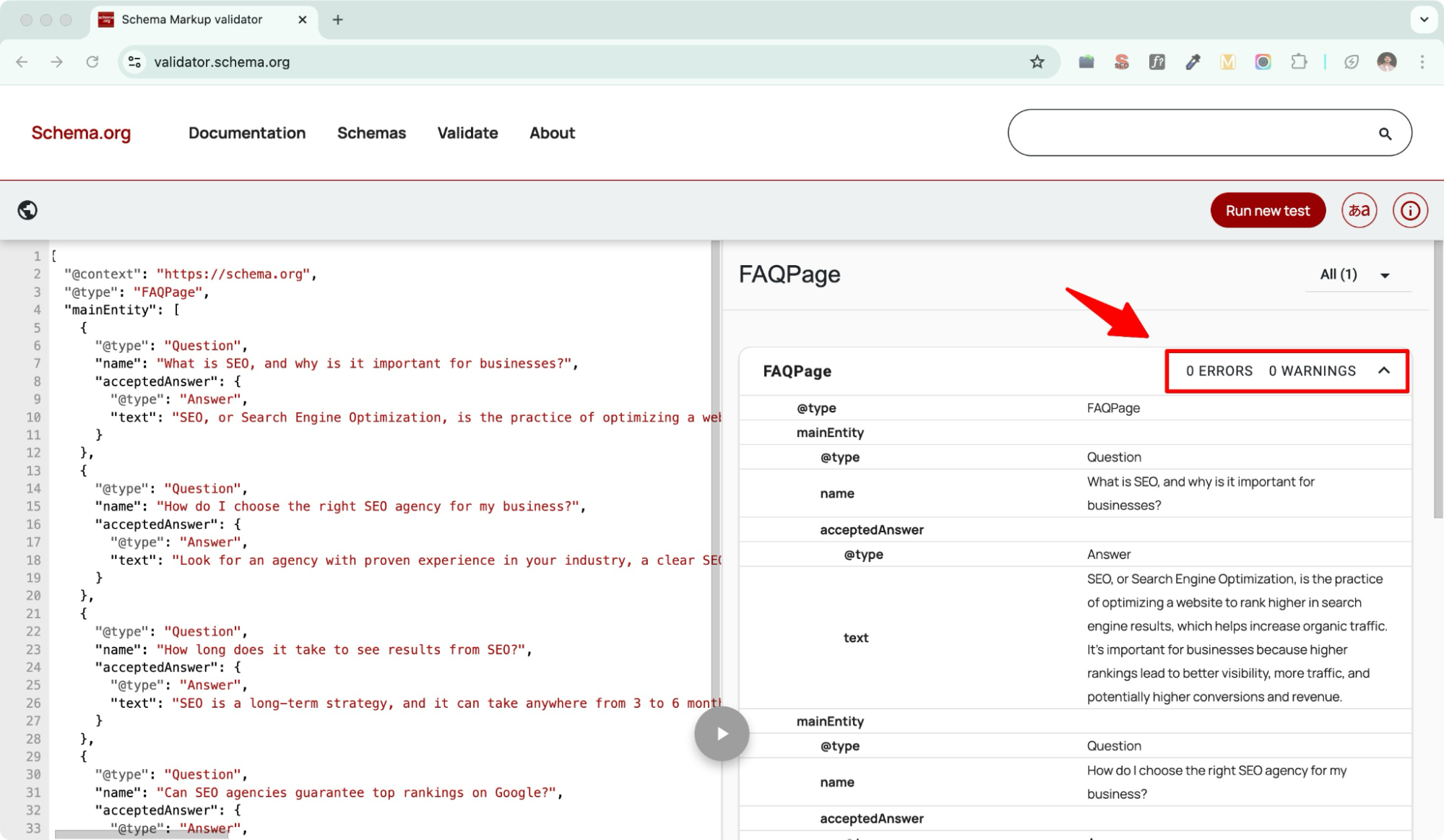 Schema markup code runs successfully without error.