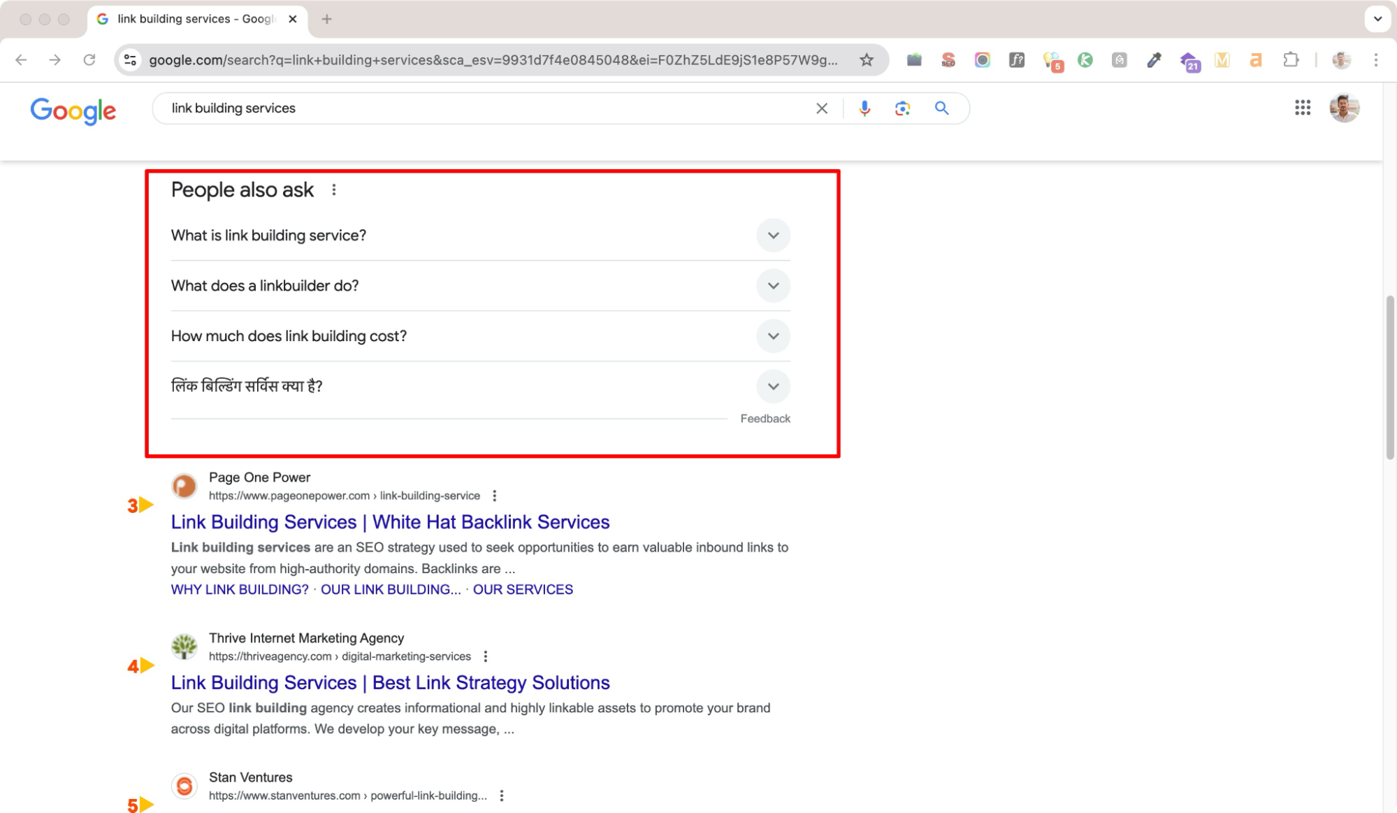 Showing faqs with Google search results for link building services query.