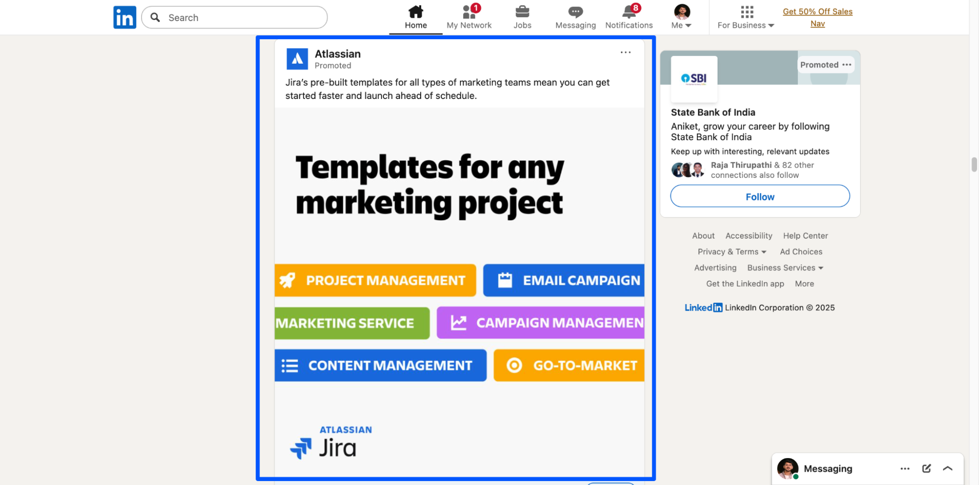 LinkedIn ad example from Atlassian showcasing SaaS paid performance marketing.