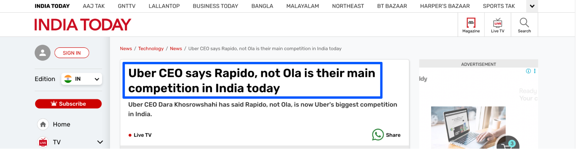 Uber’s CEO acknowledged Rapido as their main competitor in India, showcasing the rise of leading mobility startups in Bangalore.