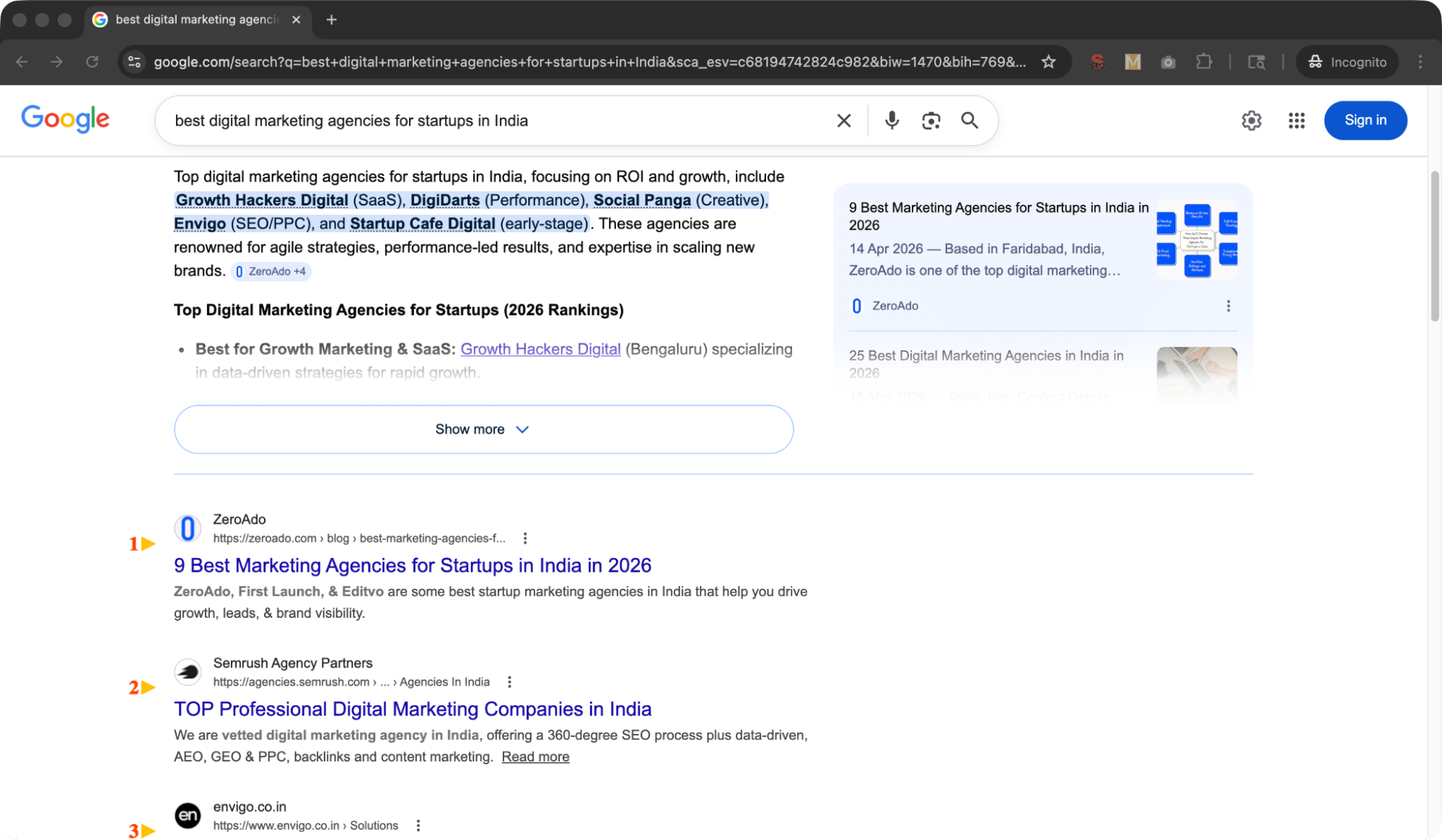 Google search results for best digital marketing agencies for startups in India.