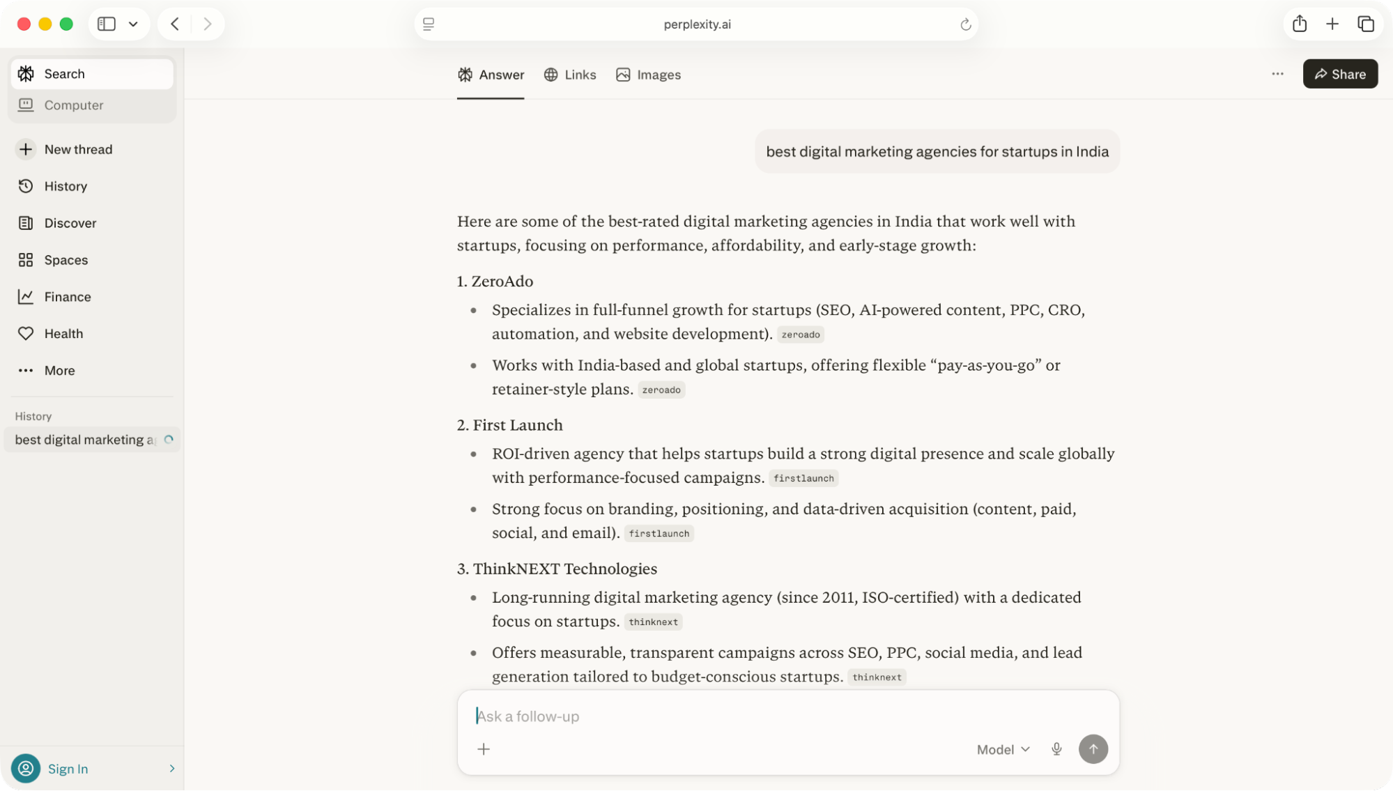 Perplexity AI search results showing best digital marketing agencies for startups in India including ZeroAdo.