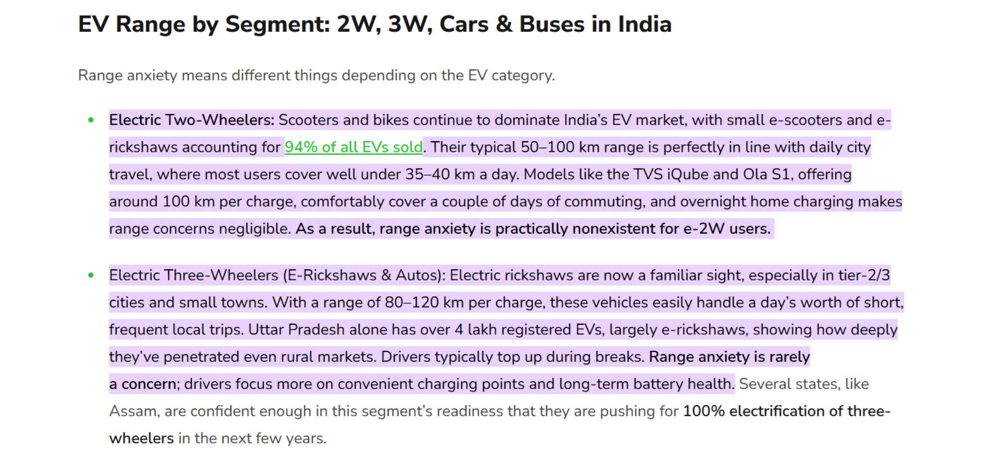 EV Range by Segment: 2W, 3W, Cars & Buses in India.

